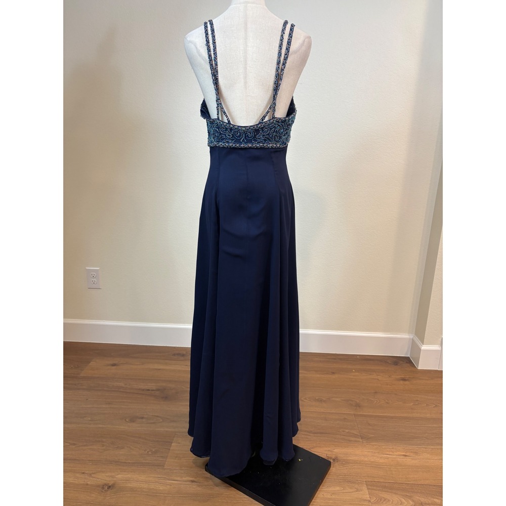 Vtg Fleur De Lis Silk Maxi Dress 12 Navy Blue Beaded Formal Gown Whimsy Ethereal - Picture 6 of 10